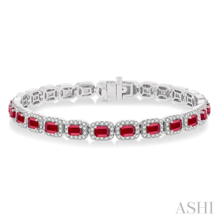 4X3 MM Emerald Cut Ruby and 2 1/5 Ctw Round Cut Diamond Halo Precious Bracelet in 14K White Gold