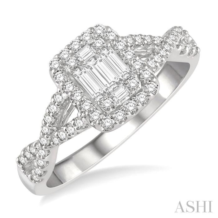 1/2 ctw Entwined Shank Baguette & Round Cut Fusion Diamond Ring in 14K White Gold