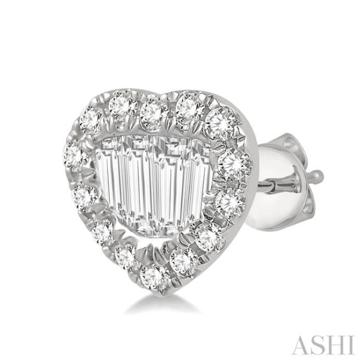 3/8 ctw Heart Shape Baguette Center & Round Cut Diamond Earrings in 14K White Gold