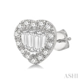 3/8 ctw Heart Shape Baguette Center & Round Cut Diamond Earrings in 14K White Gold