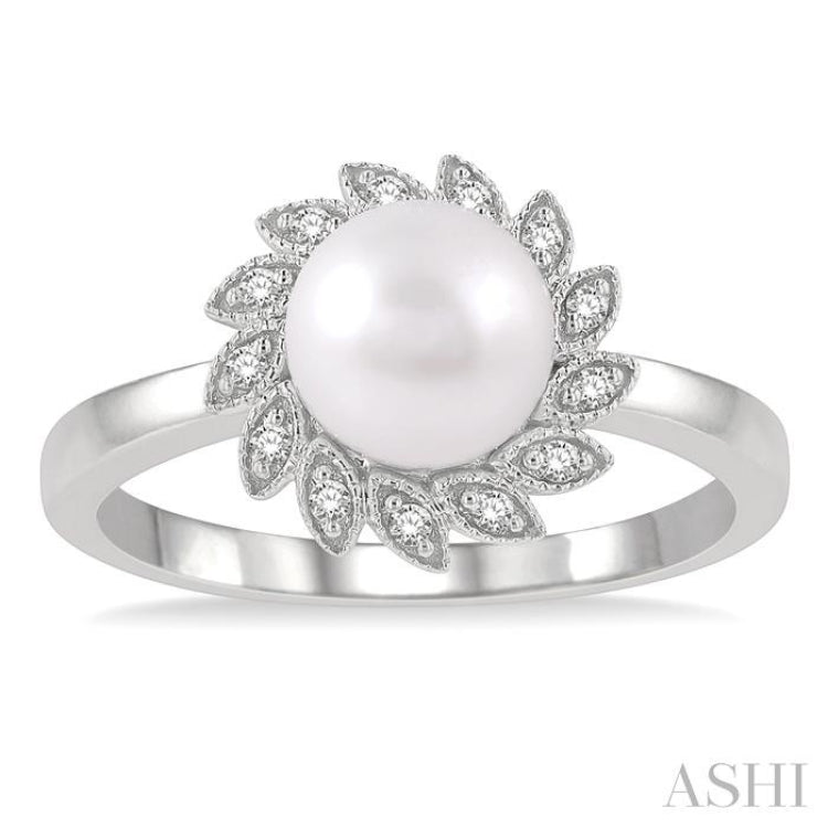 7x7 MM Round Shape Cultured Pearl and 1/10 Ctw Sunflower Round Cut Diamond Ring in 10K White Gold