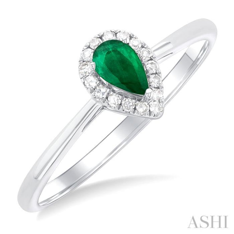 5x3 MM Pear Shape Emerald and 1/20 Ctw Single Cut Diamond Halo Precious Ring in 10K White Gold