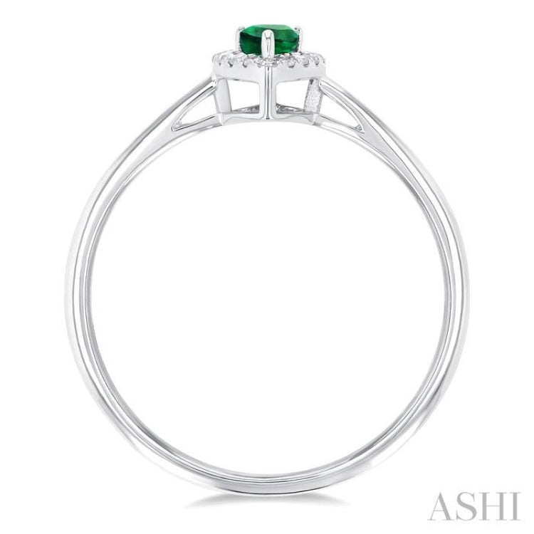 5x3 MM Pear Shape Emerald and 1/20 Ctw Single Cut Diamond Halo Precious Ring in 10K White Gold