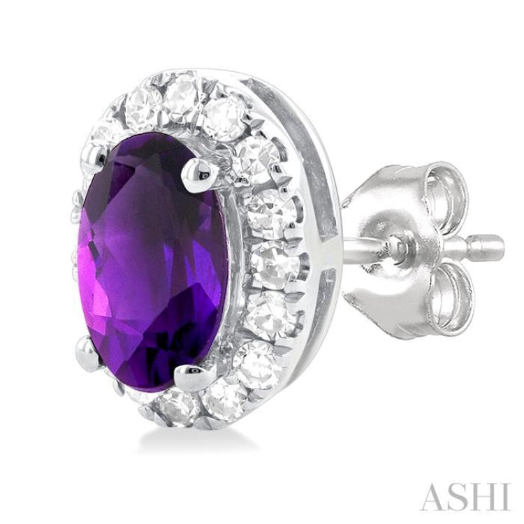 5x3 MM Oval Shape Amethyst and 1/8 Ctw Single Cut Diamond Halo Semi-Precious Stud Earrings in 14K White Gold