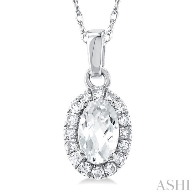 5x3 MM Oval Shape White Topaz and 1/20 Ctw Single Cut Diamond Halo Semi-Precious Pendant with Chain in 10K White Gold