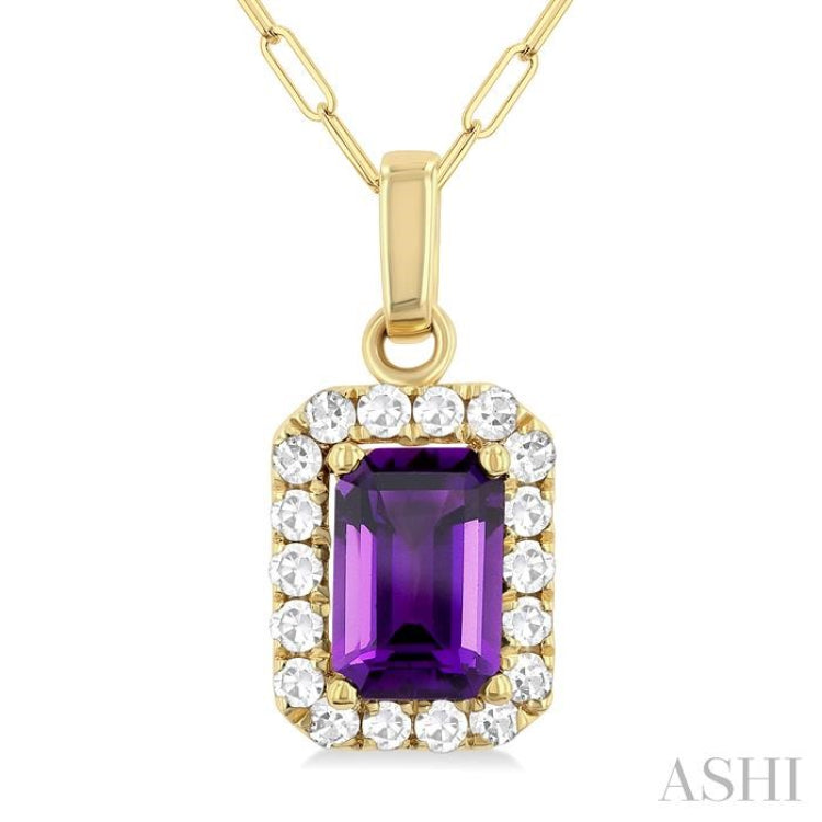 6x4 MM Octagonal Shape Amethyst and 1/6 Ctw Round Cut Diamond Halo Semi-Precious Pendant with Chain in 10K Yellow Gold