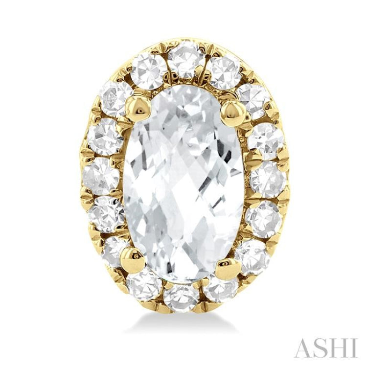 5x3 MM Oval Shape White Topaz and 1/8 Ctw Single Cut Diamond Halo Semi-Precious Stud Earrings in 14K Yellow Gold