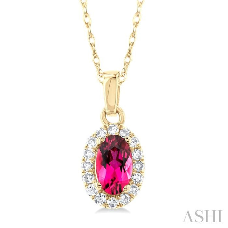 5x3 MM Oval Shape Pink Tourmaline and 1/20 Ctw Single Cut Diamond Halo Semi-Precious Pendant with Chain in 10K Yellow Gold