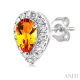 5x3 MM Pear Shape Citrine and 1/8 Ctw Single Cut Diamond Halo Semi-Precious Stud Earrings in 14K White Gold