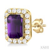 6x4 MM Octagonal Shape Amethyst and 1/4 Ctw Round Cut Diamond Halo Semi-Precious Stud Earrings in 14K Yellow Gold