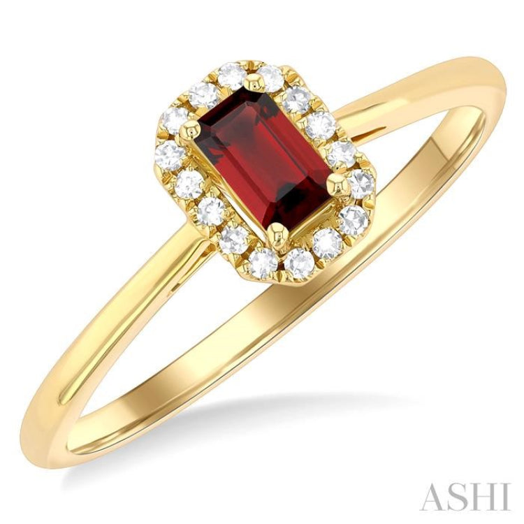 5x3 MM Octagonal Shape Garnet and 1/20 Ctw Single Cut Diamond Halo Semi-Precious Ring in 14K Yellow Gold