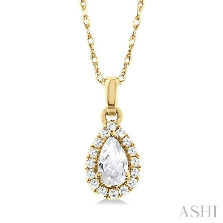 5x3 MM Pear Shape White Topaz and 1/20 Ctw Single Cut Diamond Halo Semi-Precious Pendant with Chain in 14K Yellow Gold