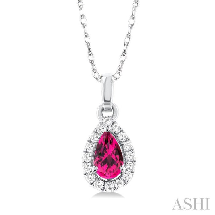 5x3 MM Pear Shape Pink Tourmaline and 1/20 Ctw Single Cut Diamond Halo Semi-Precious Pendant with Chain in 14K White Gold