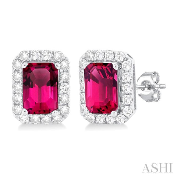 6x4 MM Octagonal Shape Pink Tourmaline and 1/4 Ctw Round Cut Diamond Halo Semi-Precious Stud Earrings in 14K White Gold