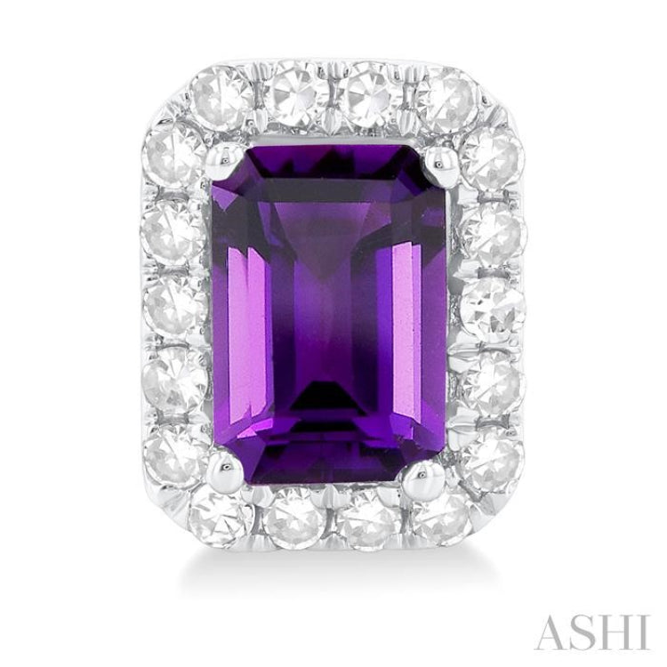 6x4 MM Octagonal Shape Amethyst and 1/4 Ctw Round Cut Diamond Halo Semi-Precious Stud Earrings in 10K White Gold