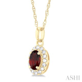 5x3 MM Oval Shape Garnet and 1/20 Ctw Single Cut Diamond Halo Semi-Precious Pendant with Chain in 10K Yellow Gold