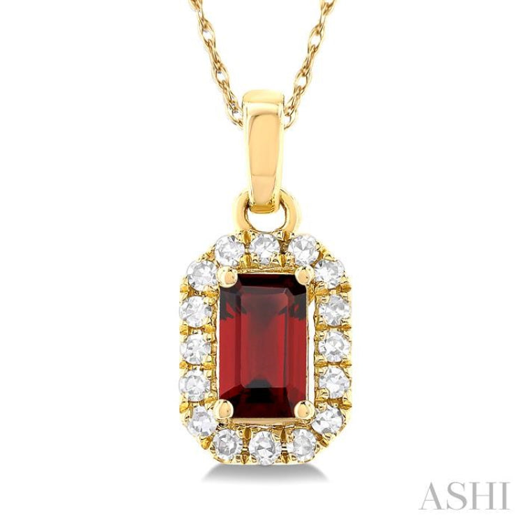 5x3 MM Octagonal Shape Garnet and 1/20 Ctw Single Cut Diamond Halo Semi-Precious Pendant with Chain in 10K Yellow Gold