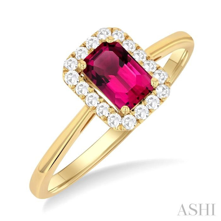 6x4 MM Octagonal Shape Pink Tourmaline and 1/6 Ctw Round Cut Diamond Halo Semi-Precious Ring in 10K Yellow Gold