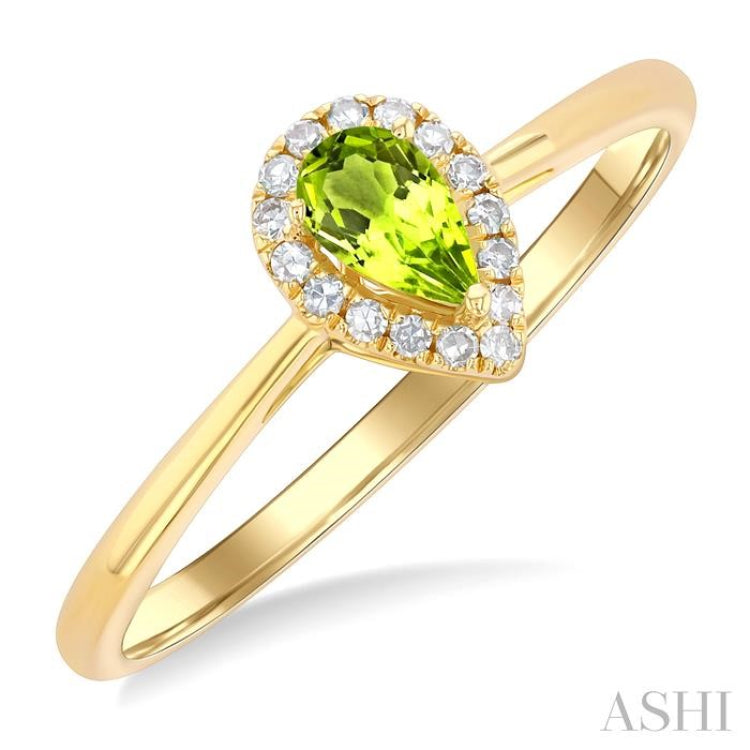 5x3 MM Pear Shape Peridot and 1/20 Ctw Single Cut Diamond Halo Semi-Precious Ring in 10K Yellow Gold