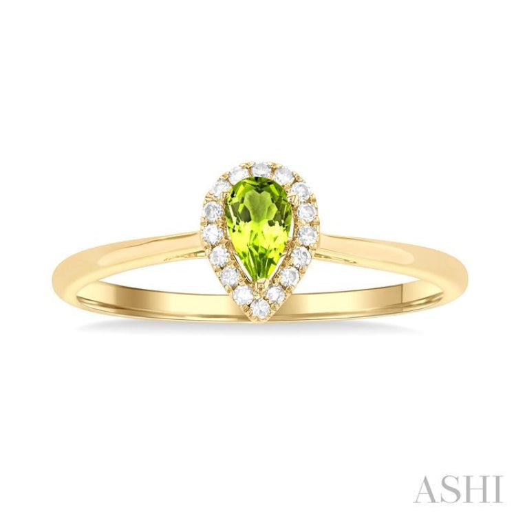 5x3 MM Pear Shape Peridot and 1/20 Ctw Single Cut Diamond Halo Semi-Precious Ring in 10K Yellow Gold