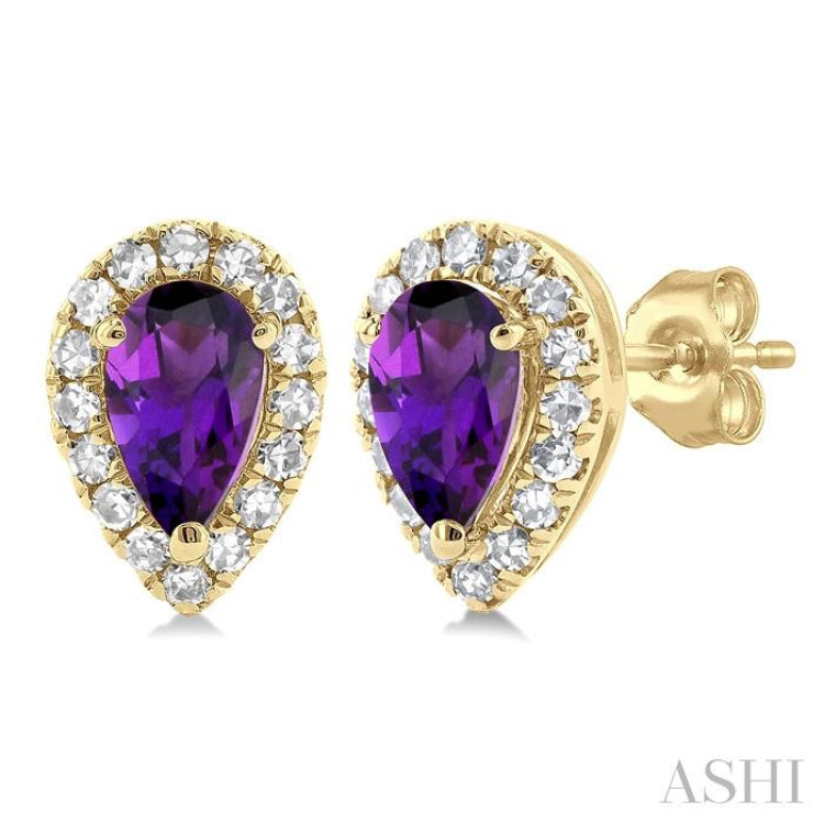 5x3 MM Pear Shape Amethyst and 1/8 Ctw Single Cut Diamond Halo Semi-Precious Stud Earrings in 10K Yellow Gold