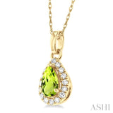 5x3 MM Pear Shape Peridot and 1/20 Ctw Single Cut Diamond Halo Semi-Precious Pendant with Chain in 14K Yellow Gold