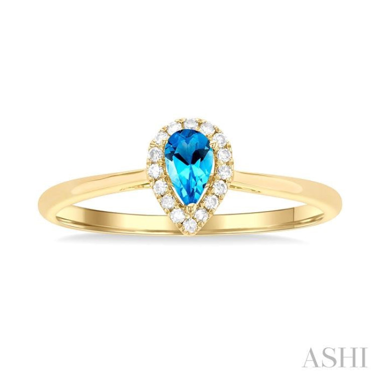 5x3 MM Pear Shape Blue Topaz and 1/20 Ctw Single Cut Diamond Halo Semi-Precious Ring in 10K Yellow Gold