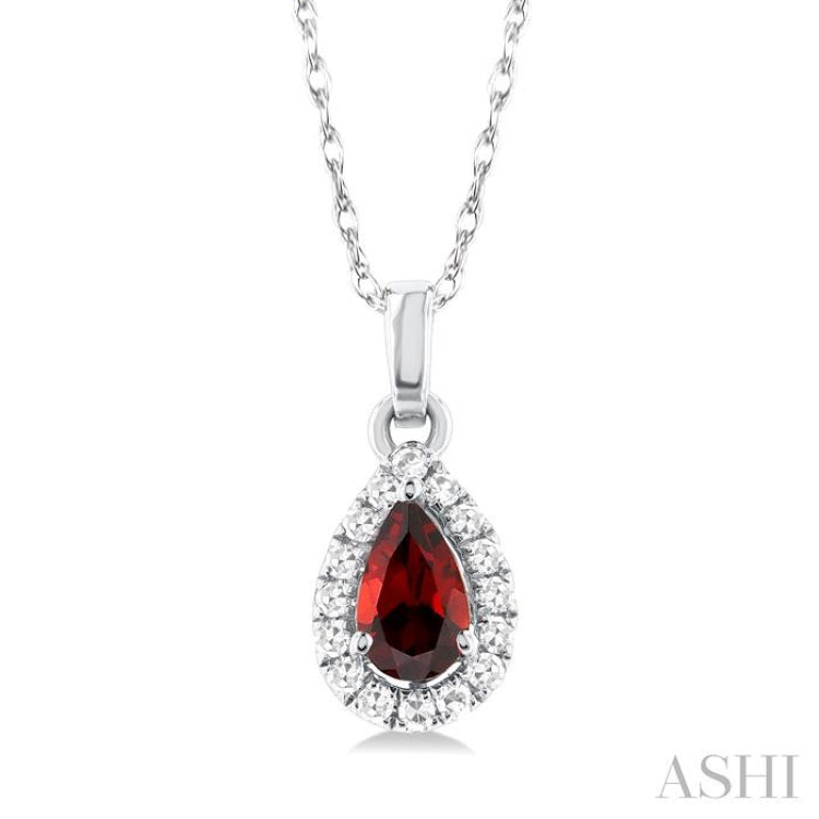 5x3 MM Pear Shape Garnet and 1/20 Ctw Single Cut Diamond Halo Semi-Precious Pendant with Chain in 14K White Gold