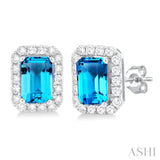 6x4 MM Octagonal Shape Blue Topaz and 1/4 Ctw Round Cut Diamond Halo Semi-Precious Stud Earrings in 14K White Gold