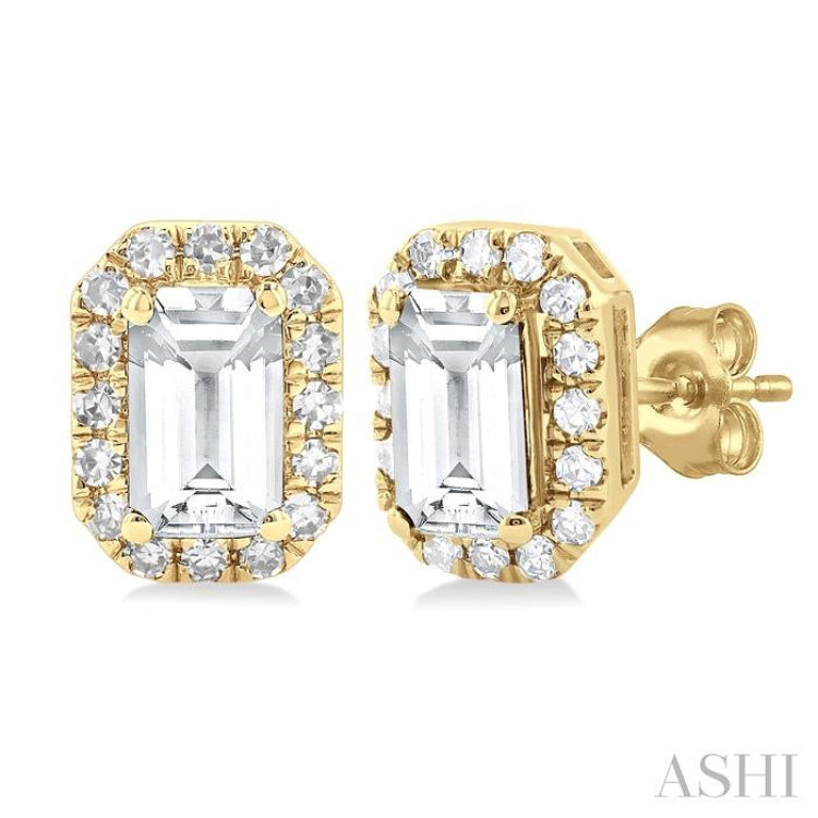 5x3 MM Octagonal Shape White Topaz and 1/8 Ctw Single Cut Diamond Halo Semi-Precious Stud Earrings in 10K Yellow Gold