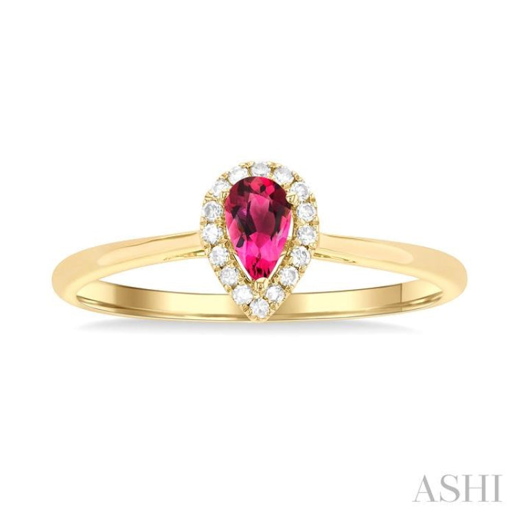 5x3 MM Pear Shape Pink Tourmaline and 1/20 Ctw Single Cut Diamond Halo Semi-Precious Ring in 14K Yellow Gold