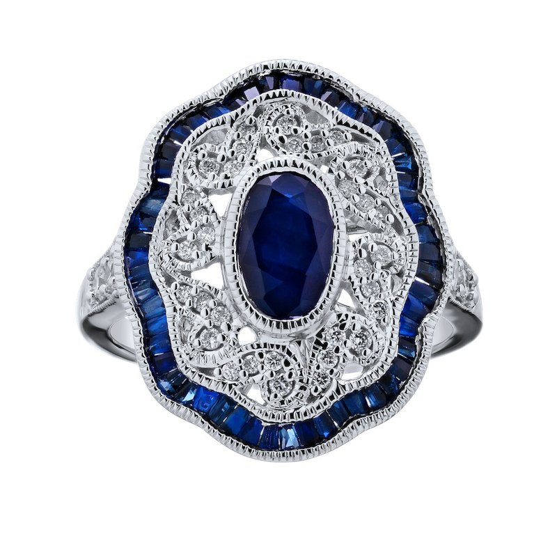 14K White Gold Oval Blue Sapphire & Diamond Filigree Ring  DCR- 24706