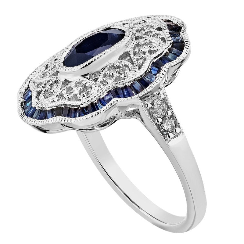 14K White Gold Oval Blue Sapphire & Diamond Filigree Ring  DCR- 24706
