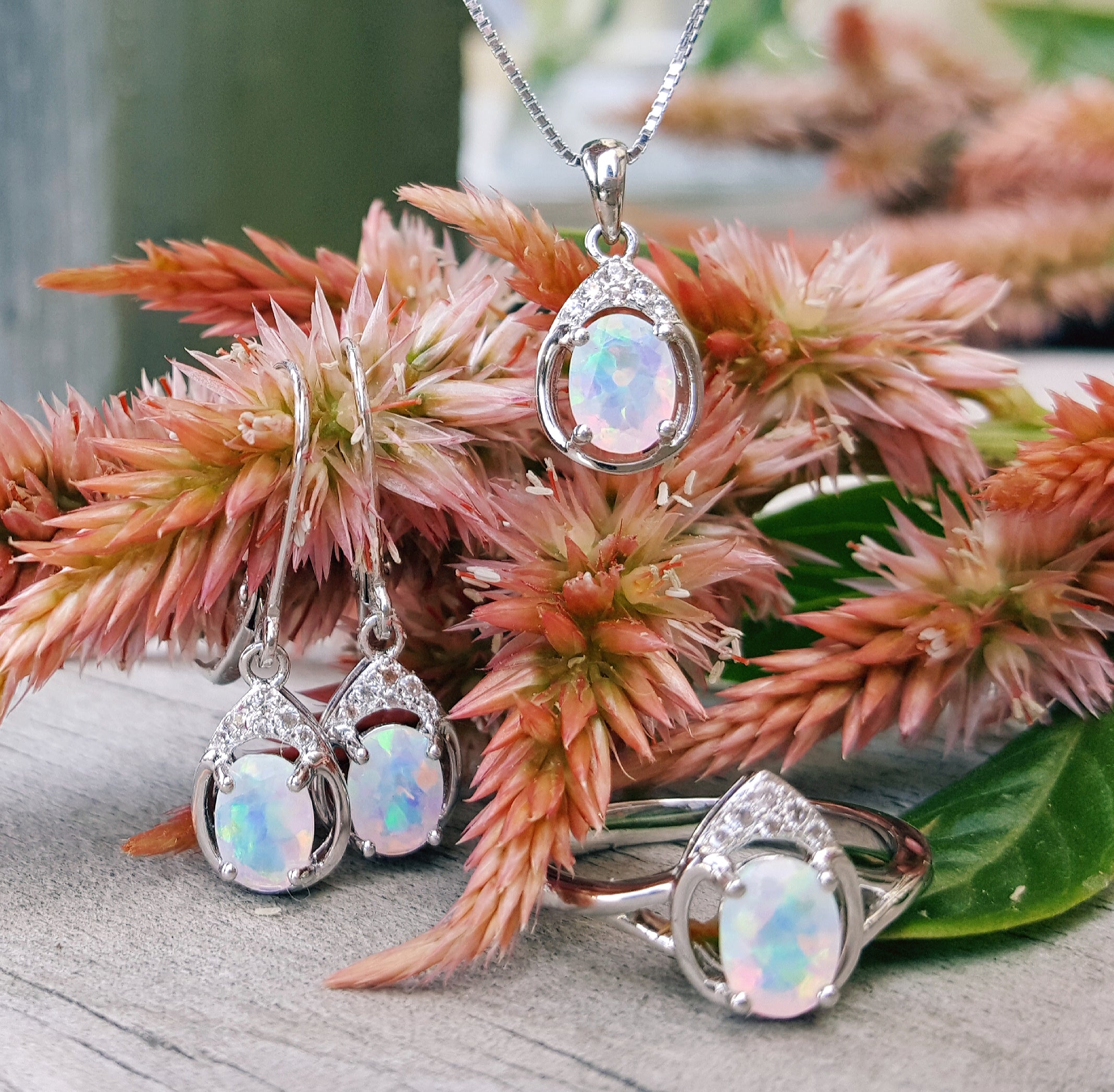 J Sterling Silver Created Opal Ring, Earring or Pendant - October