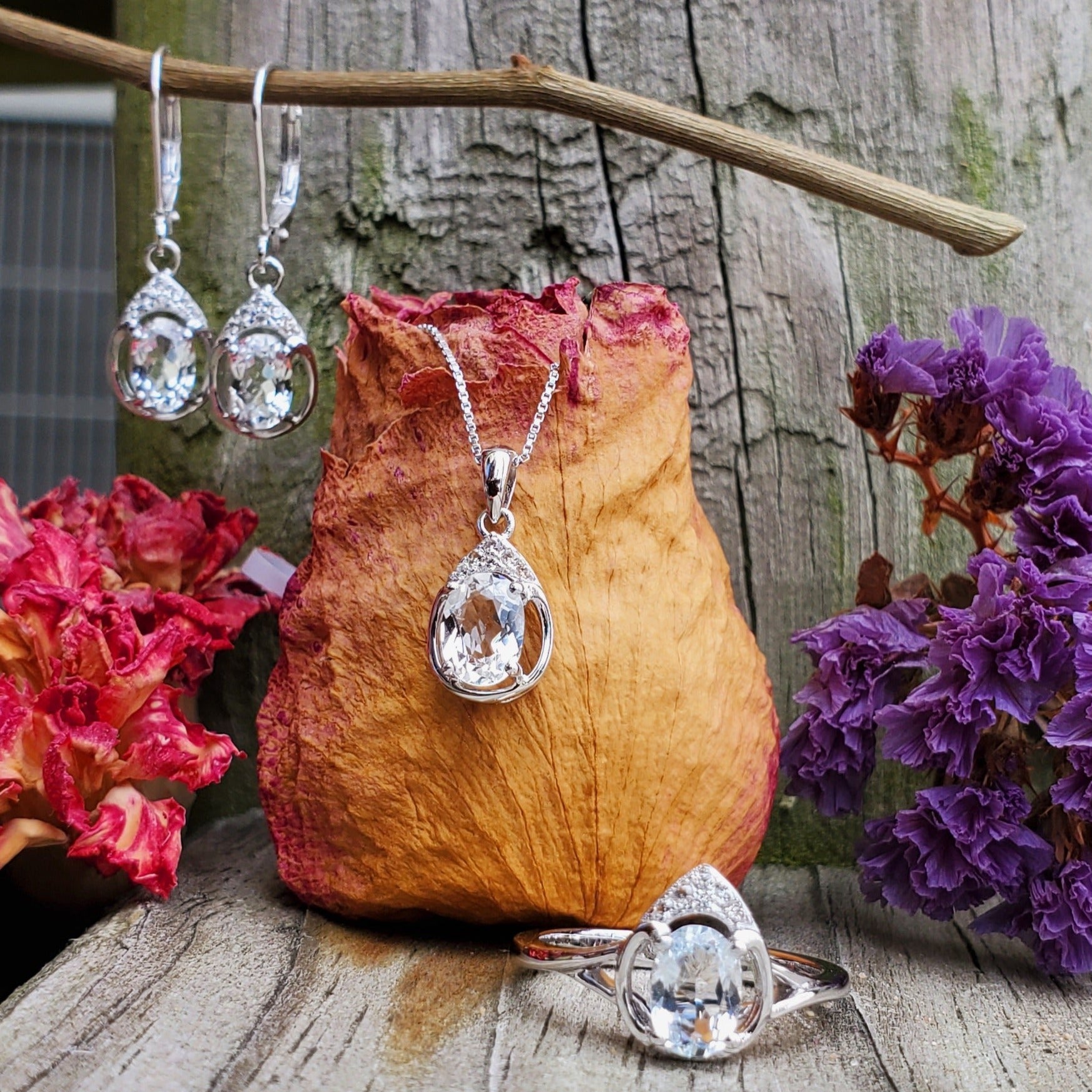 D Sterling Silver White Topaz Ring, Pendant or Earring - April