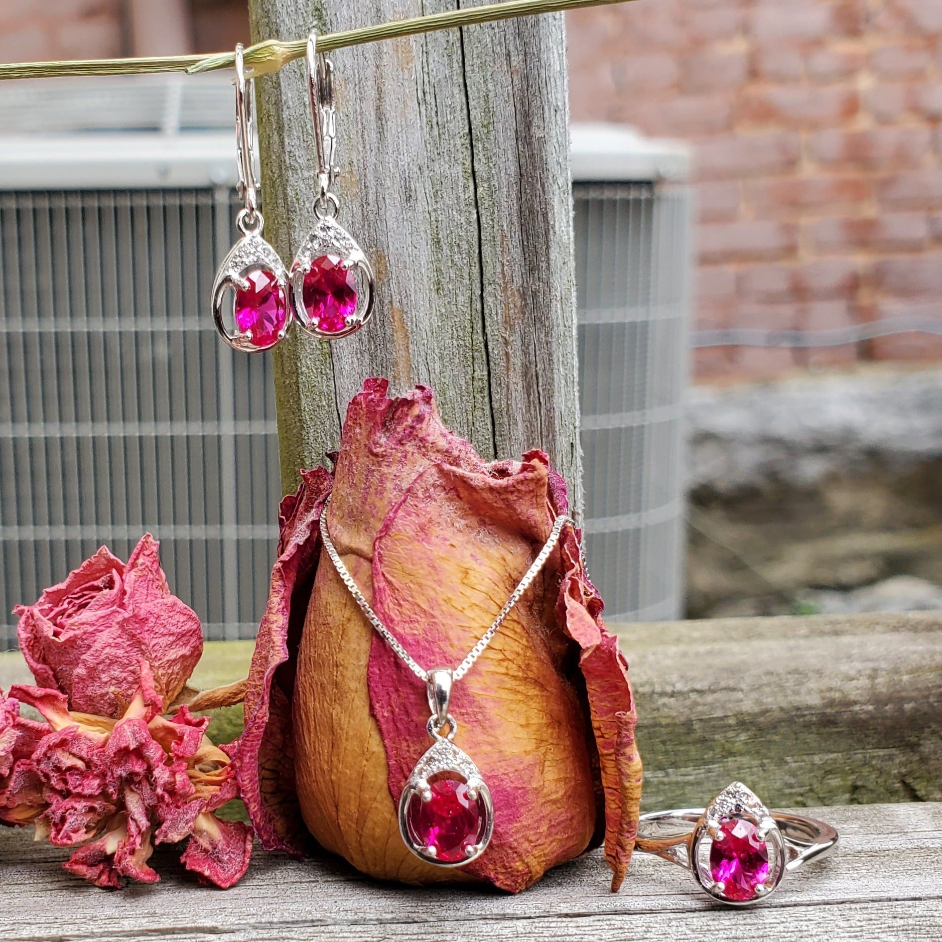 G Sterling Silver Created Ruby Ring, Pendant, or Earring - July