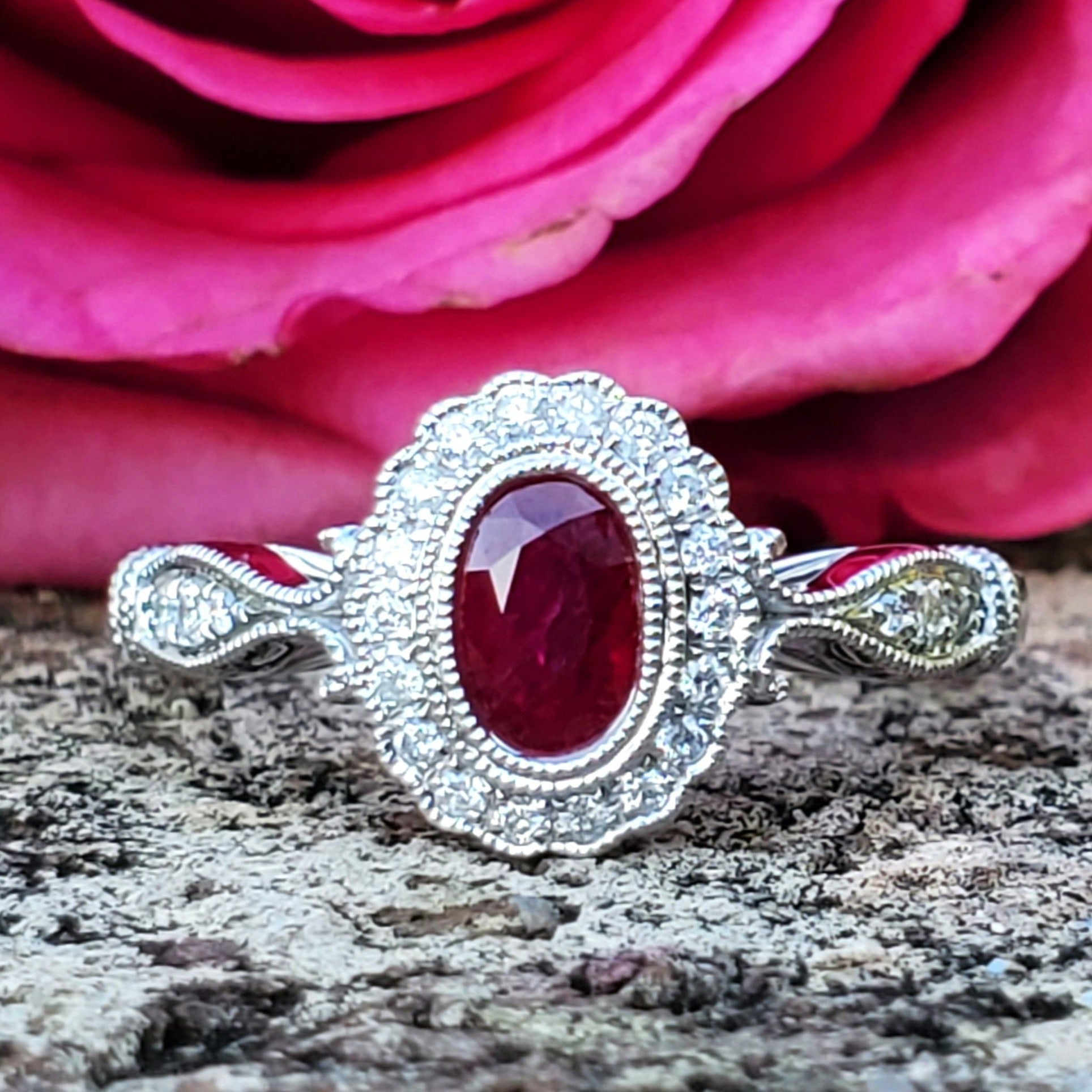 14K White Gold Diamond & Ruby Oval Ring DCR- 24677