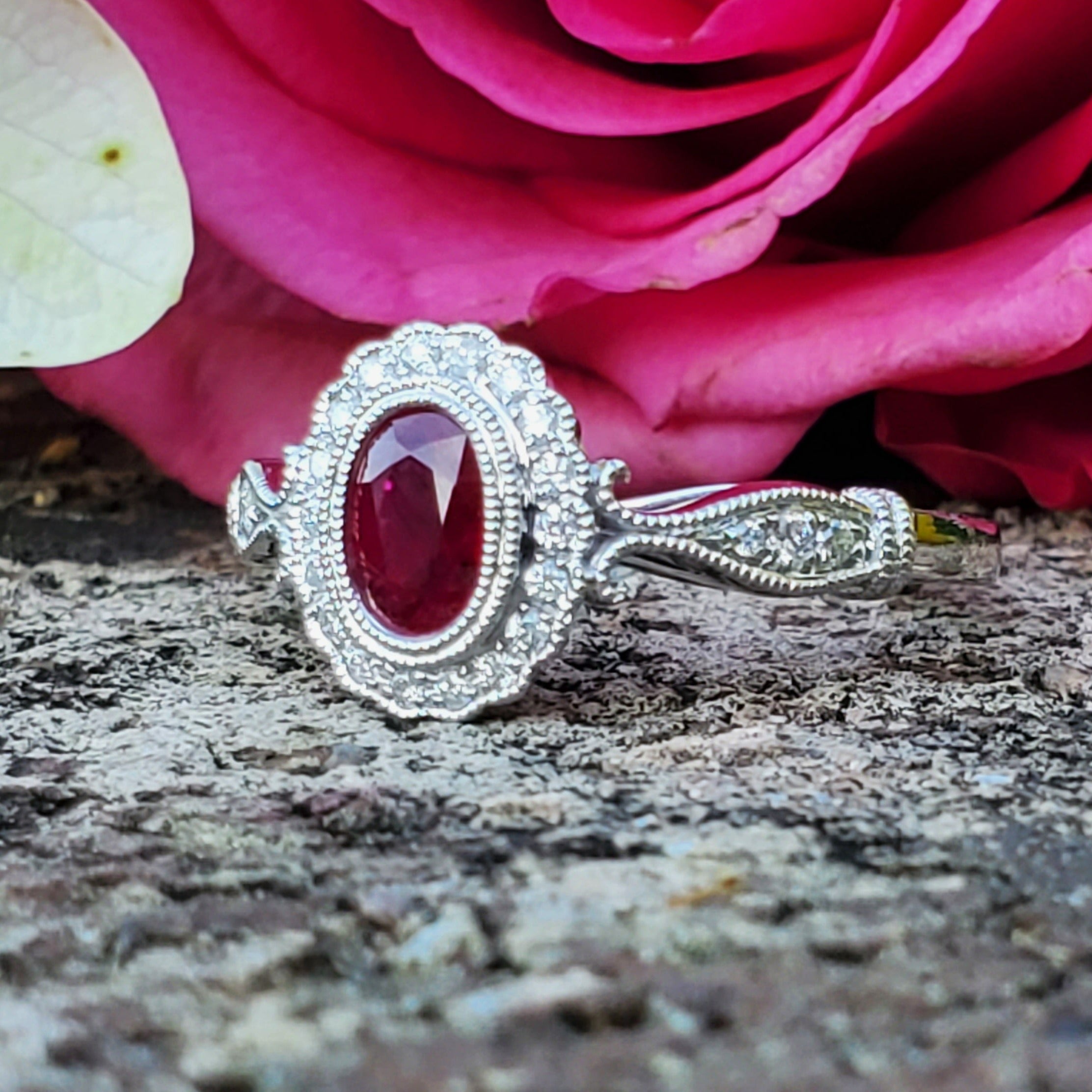 14K White Gold Diamond & Ruby Oval Ring DCR- 24677