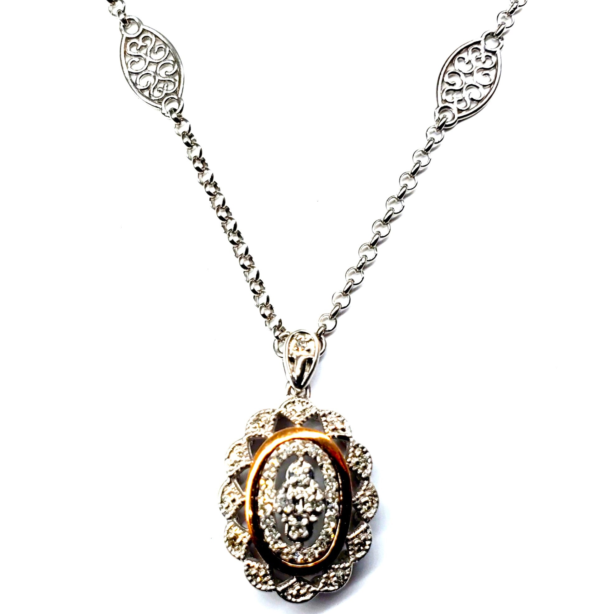 Sterling Silver with Rose Gold Oval Diamond Filigree Pendant SDM-11230
