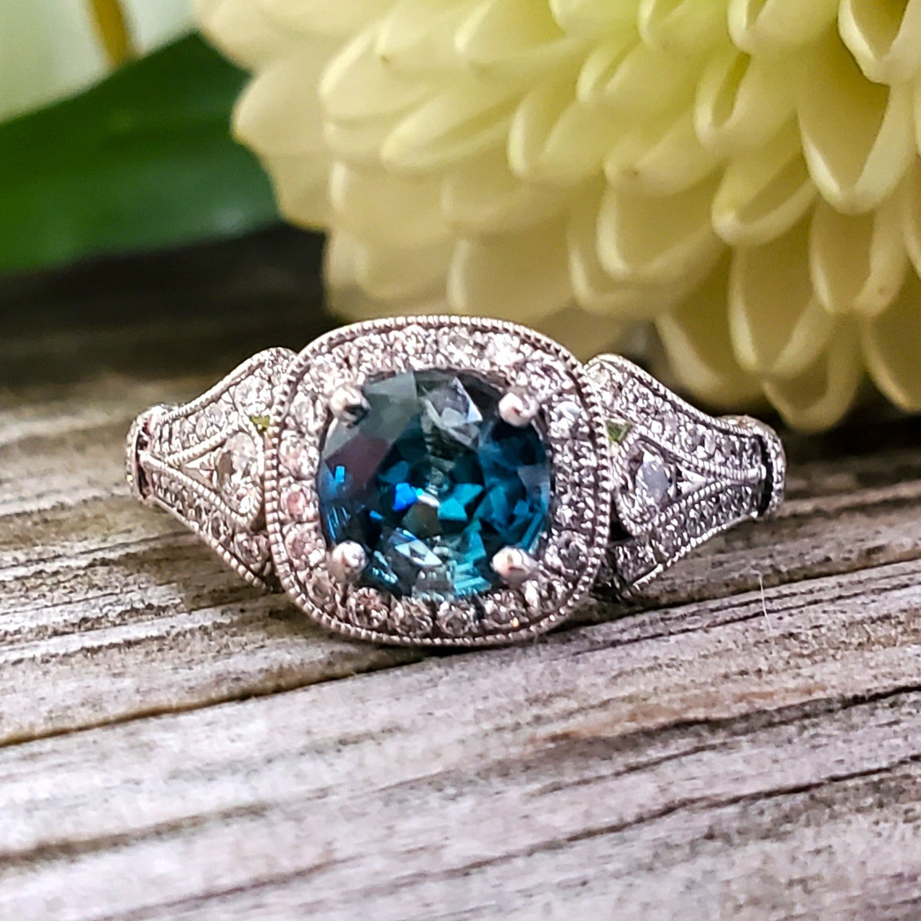 14 Karat White Gold Blue Zircon &  Diamond Ring DCR-24709