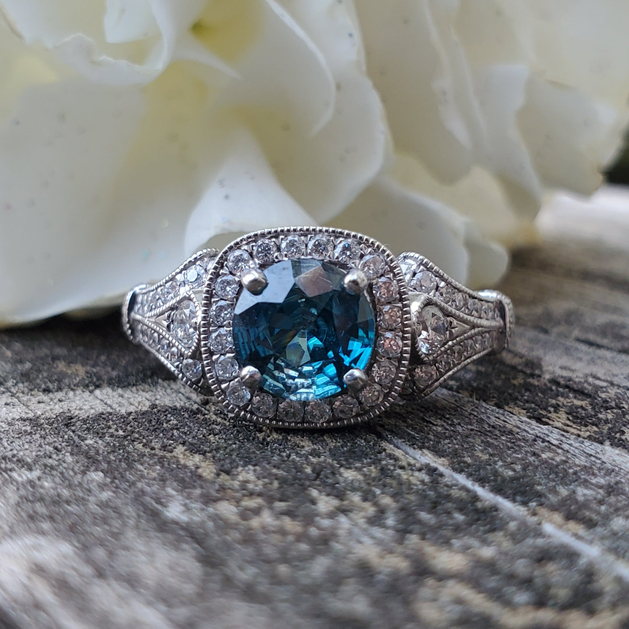 14 Karat White Gold Blue Zircon &  Diamond Ring DCR-24709