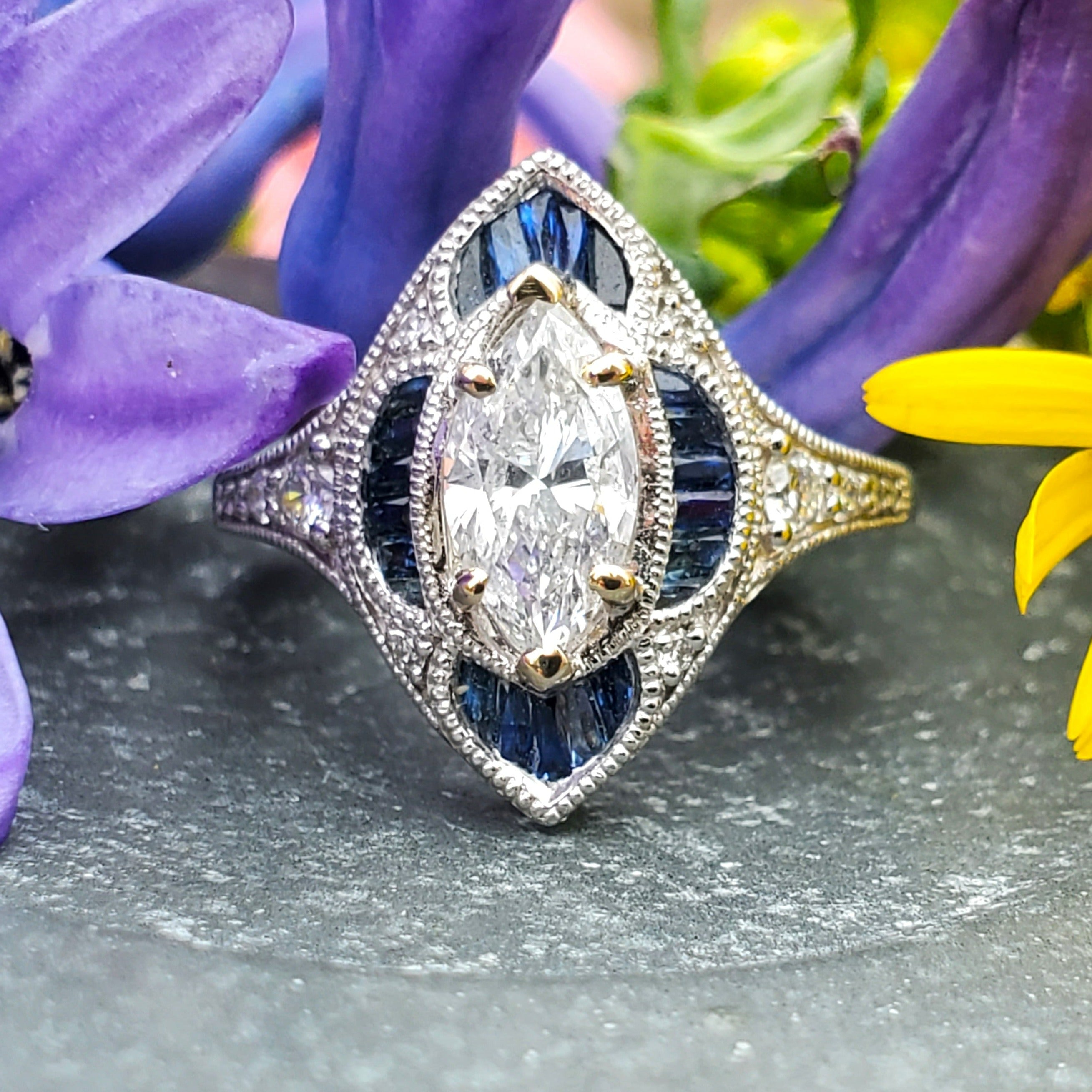 14K White Gold 1.19ctw Marquise Diamond & Sapphire Ring DSR-23656