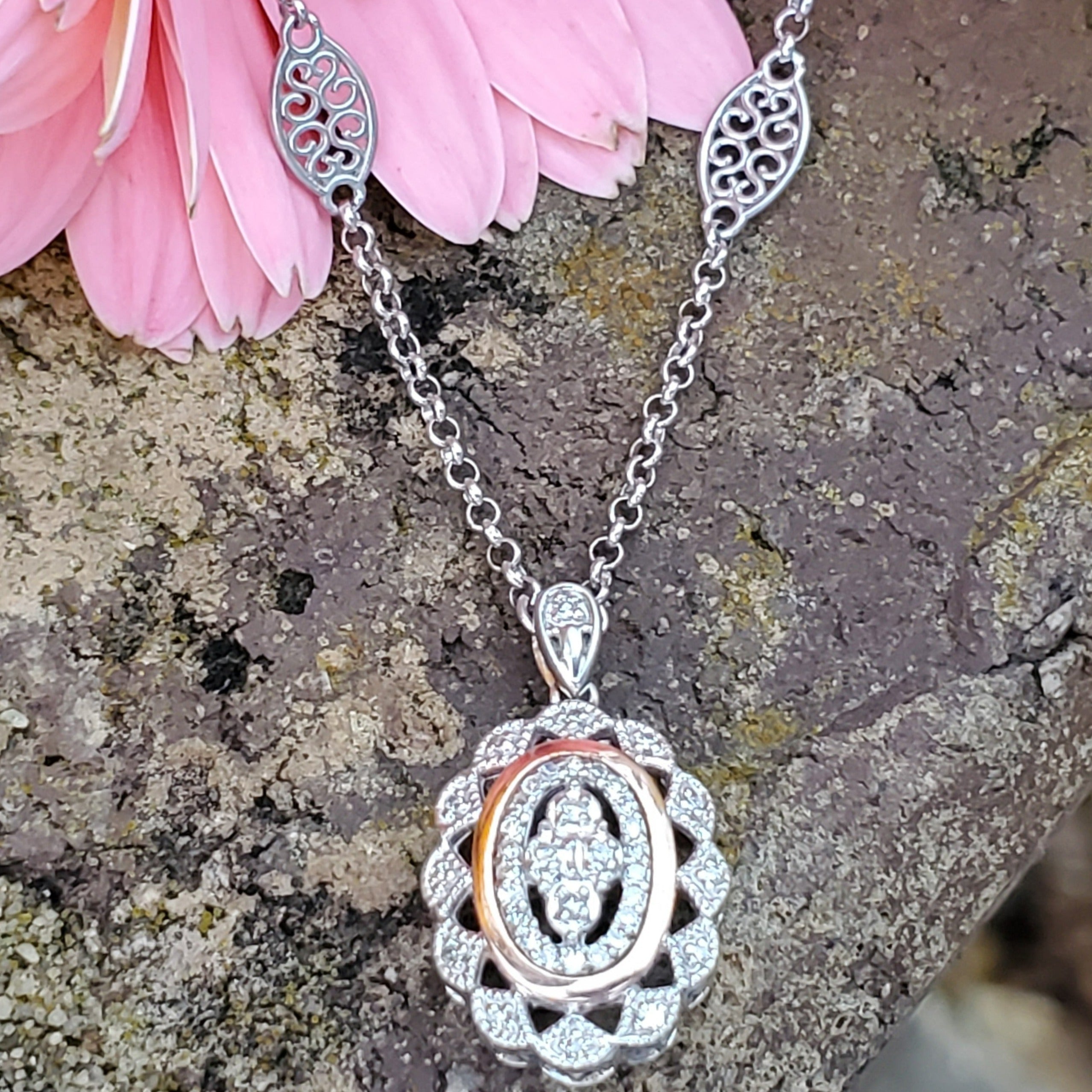 Sterling Silver with Rose Gold Oval Diamond Filigree Pendant SDM-11230