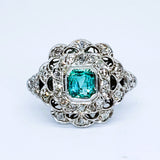 14k White Gold Green Stone & Diamond Filigree Ring DEJ-24499