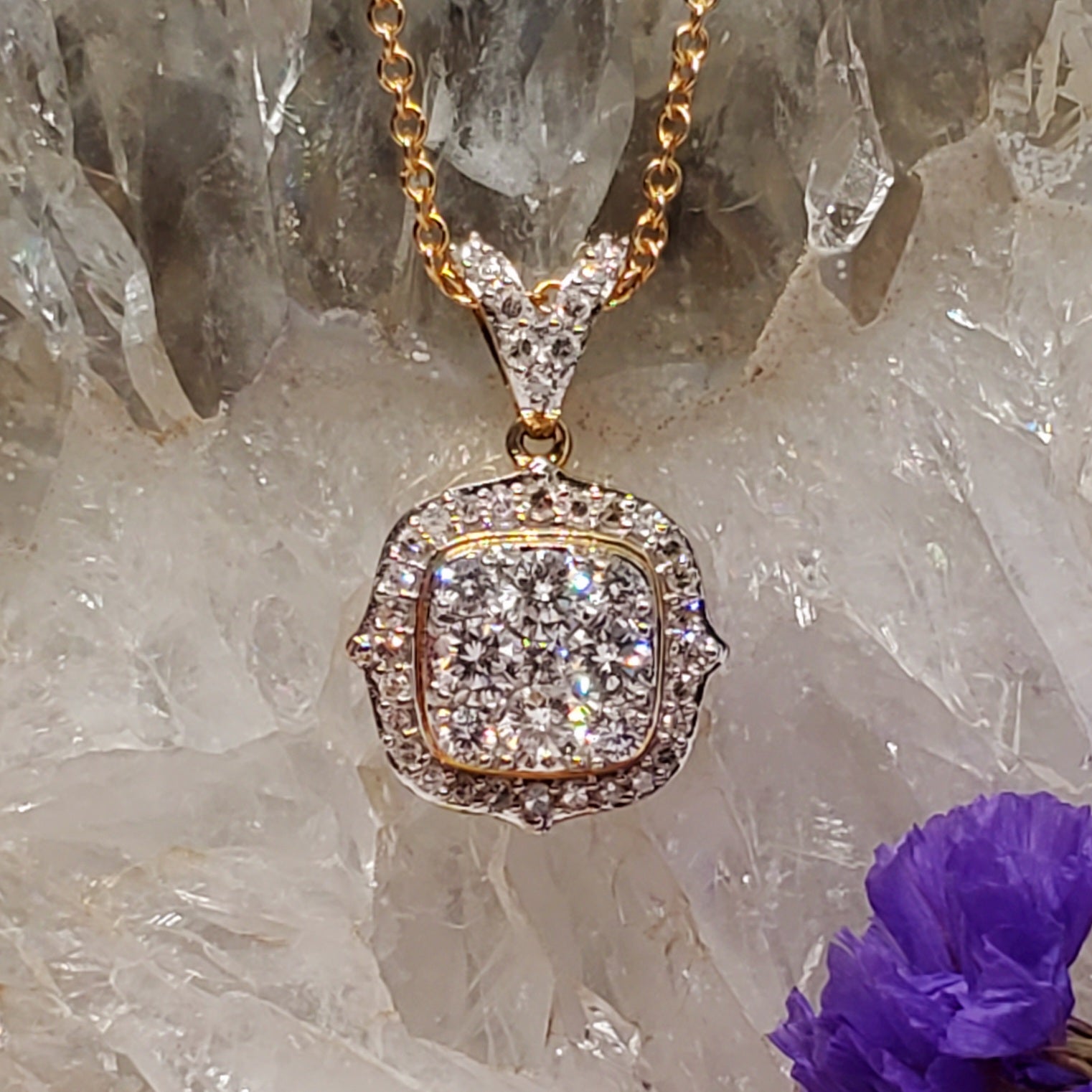 14k Yellow Gold Square Cluster Diamond Halo Pendant DPD-26883