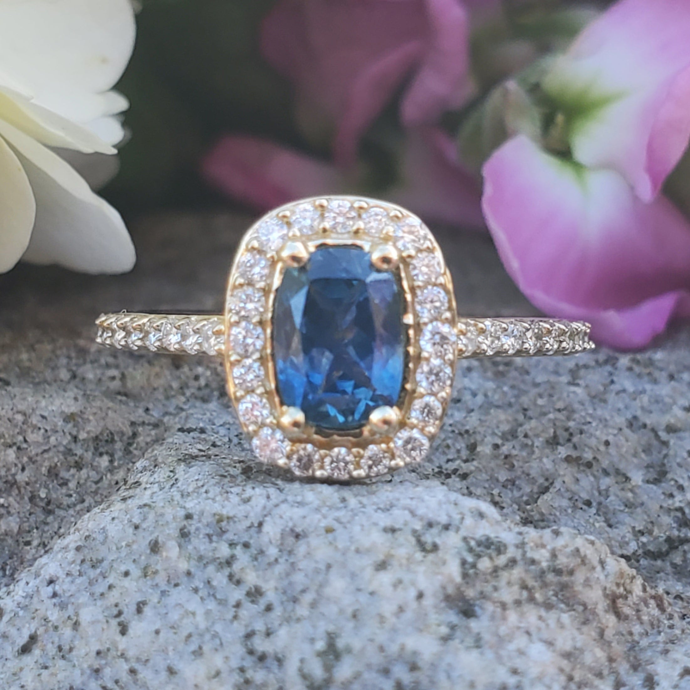 10K Yellow Gold Montana Sapphire & Diamond Halo Ring DCR-24740