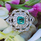 14k White Gold Green Stone & Diamond Filigree Ring DEJ-24499