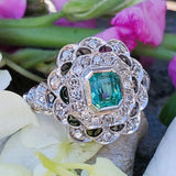 14k White Gold Green Stone & Diamond Filigree Ring DEJ-24499