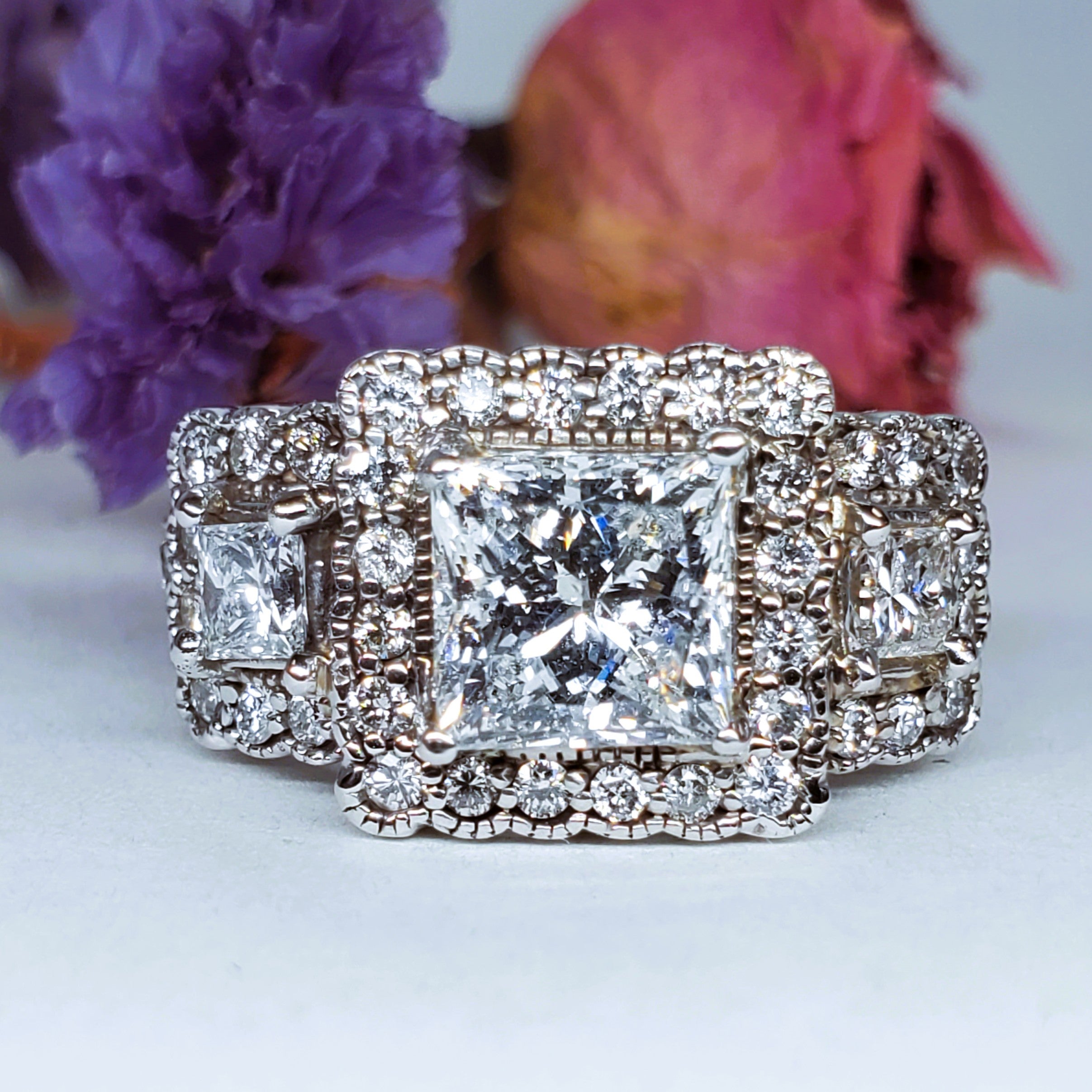 14K White Gold 2.26 Carat Three Princess Cut Halo Ring DSR-23806