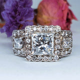 14K White Gold 2.26 Carat Three Princess Cut Halo Ring DSR-23806